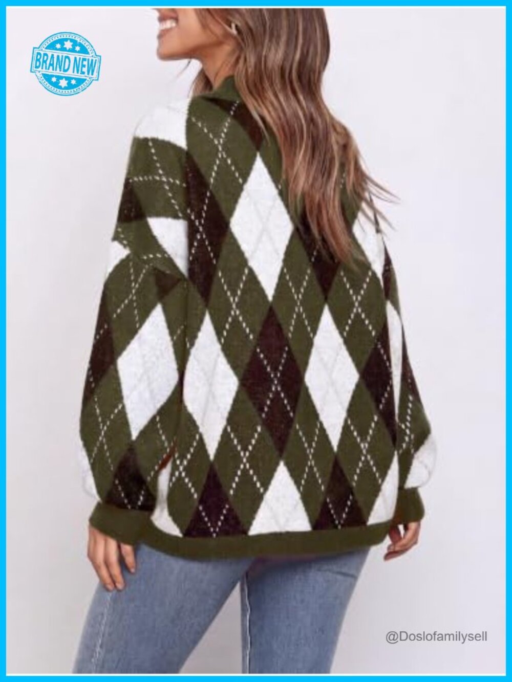 Womens Oversized Argyle Tunic Sweater Chunky Knit Pullover - Picture 3 of 4